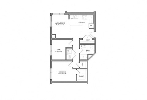 Floor plan for 1 bed, 1 bath, 795 sqft